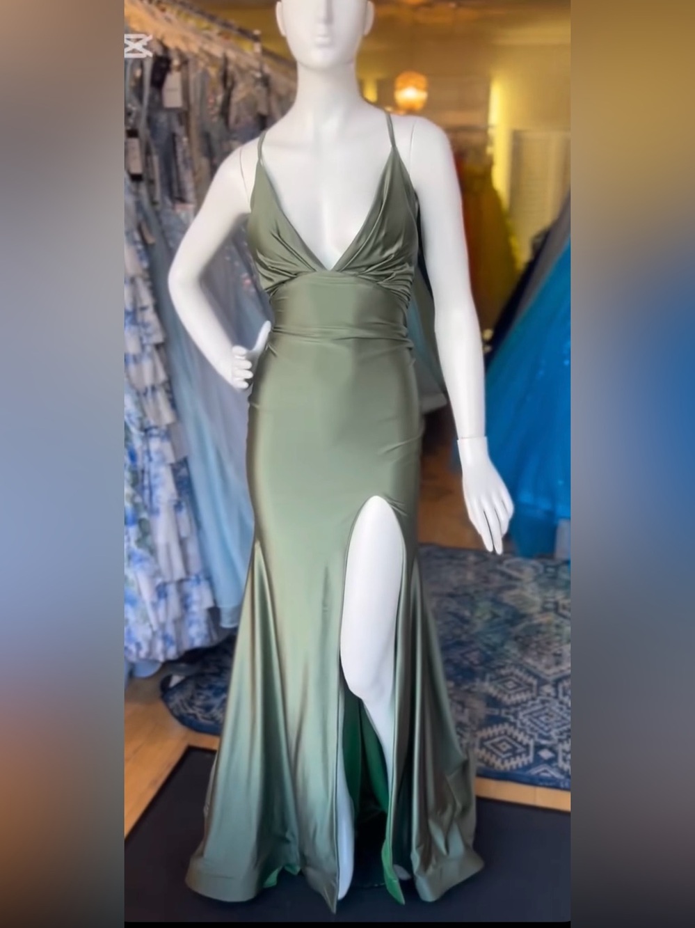 Rust Olive Green Jersey V-Neck Prom Dress with Thigh Slit